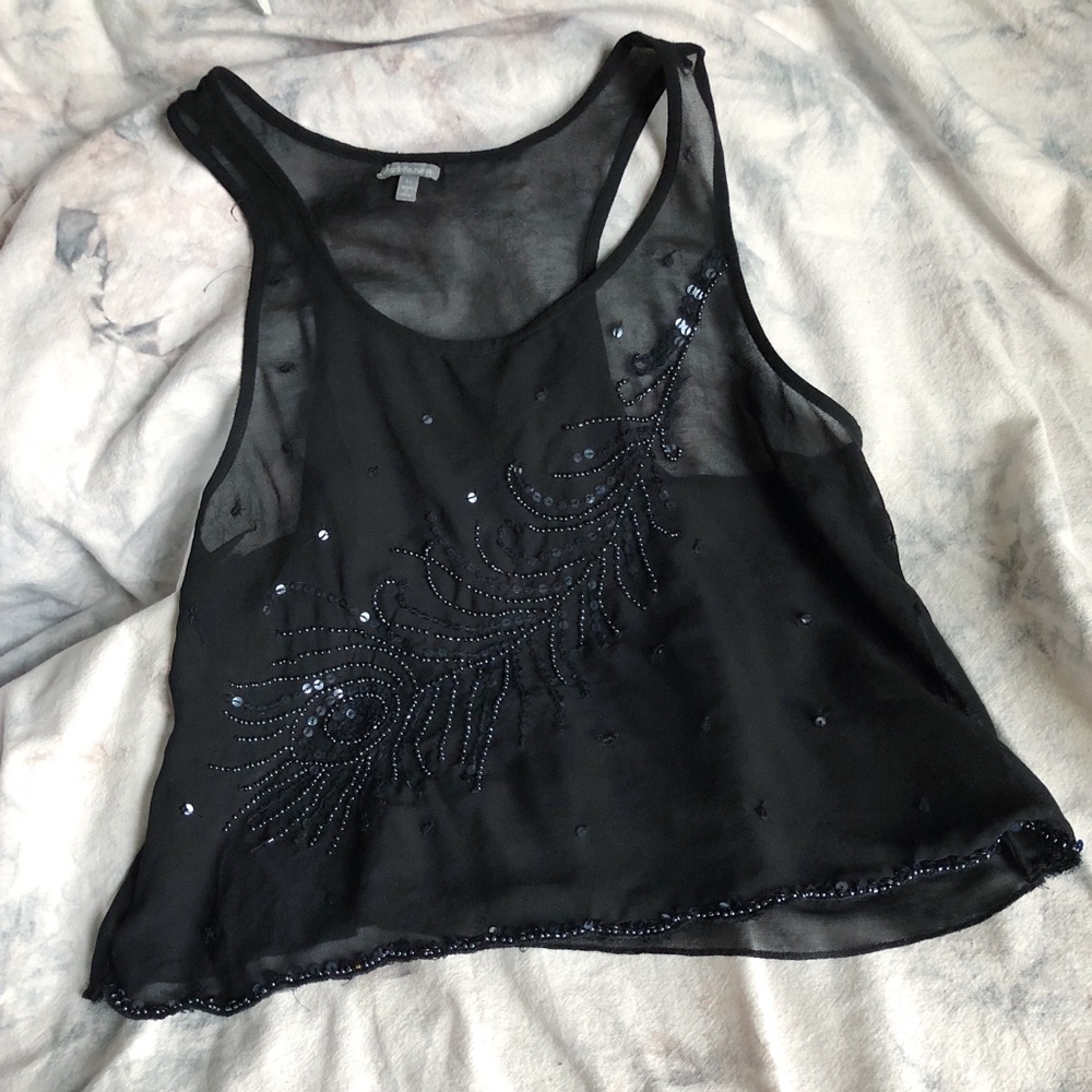Boho, Sheer, Black Beaded, Feather, Sequin Tank